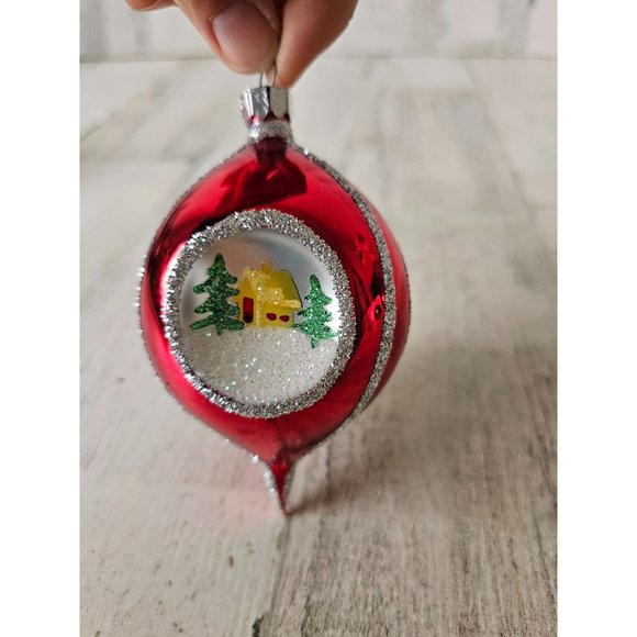 Vintage radko house cabin glitter teardrop red ornament Xmas tree - Picture 1 of 12